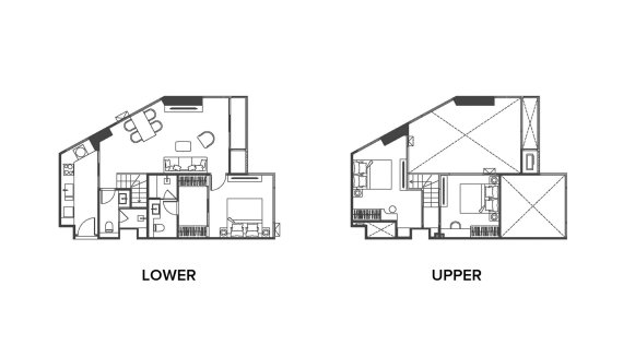 Duplex floor plan, 2 bedrooms in building Building B Origin Thonglor World in Bangkok, Thailand, Origin Thonglor World No. 11010 (2D)